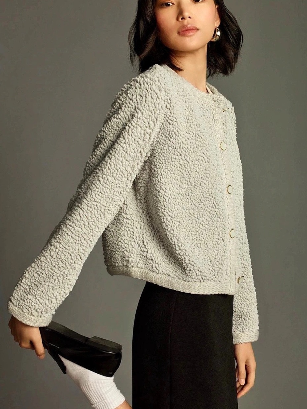 Anthropologie Wool Blend Bouclé Cardigan Cream Teddy Jacket